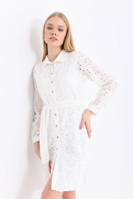 Kadın Brode Düğme Detaylı Astarlı Gömlek Elbise