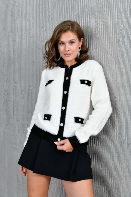 Kadın Düğme Detay Bürümcük Triko Hırka