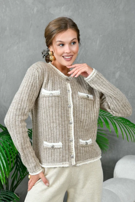 Kadın Düğme Detay Cepli Triko Hırka