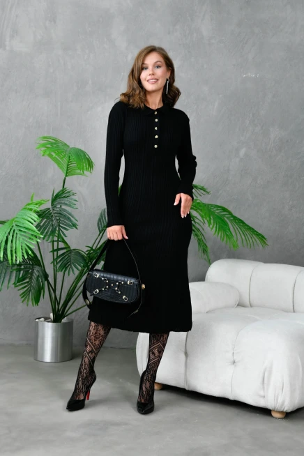 Kadın Düğme Detay Uzun Triko Elbise