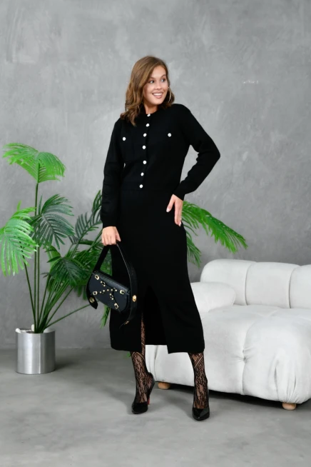 Kadın Düğme Detaylı Eteği Yırtmaçlı İkili Triko Takım