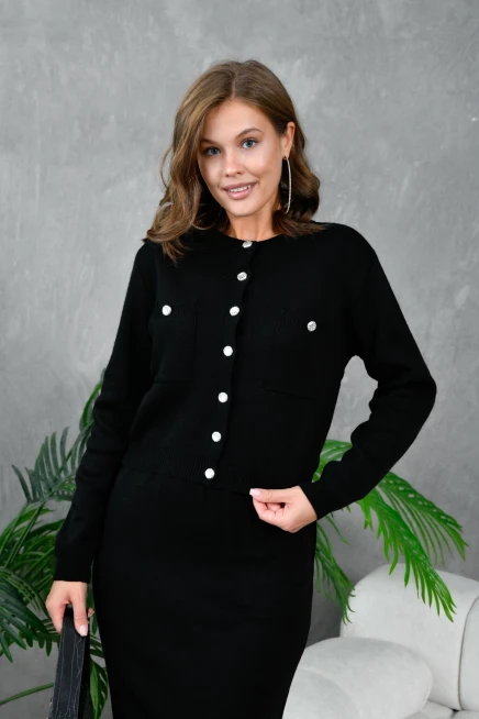 Kadın Düğme Detaylı Eteği Yırtmaçlı İkili Triko Takım