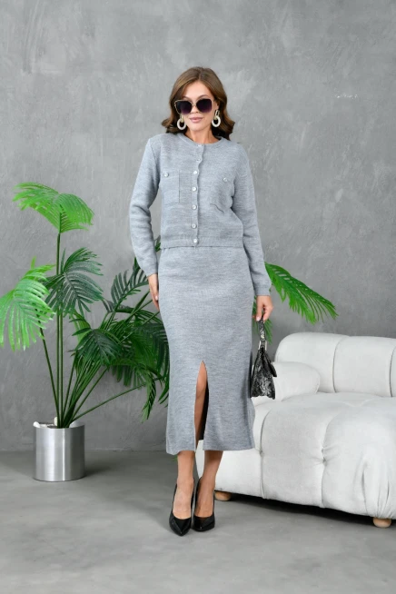 Kadın Düğme Detaylı Eteği Yırtmaçlı İkili Triko Takım