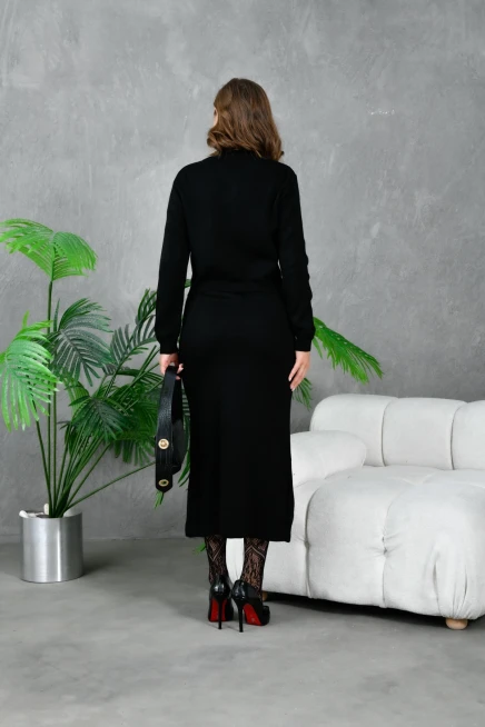 Kadın Düğme Detaylı Eteği Yırtmaçlı İkili Triko Takım