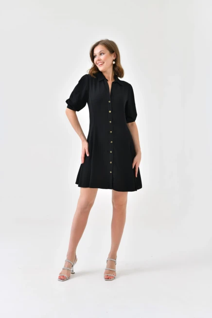 Womens Button Detail Three Quarter Sleeve Mini Dress