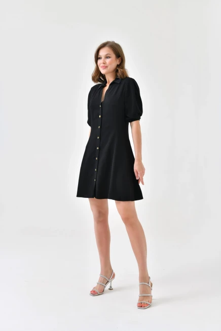 Womens Button Detail Three Quarter Sleeve Mini Dress