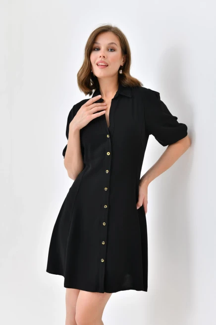 Womens Button Detail Three Quarter Sleeve Mini Dress