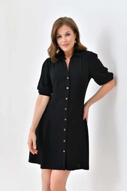 Womens Button Detail Three Quarter Sleeve Mini Dress
