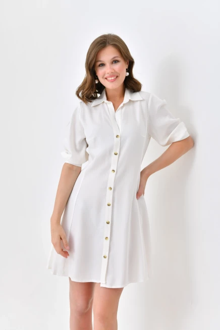 Womens Button Detail Three Quarter Sleeve Mini Dress