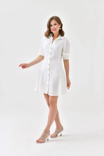 Womens Button Detail Three Quarter Sleeve Mini Dress