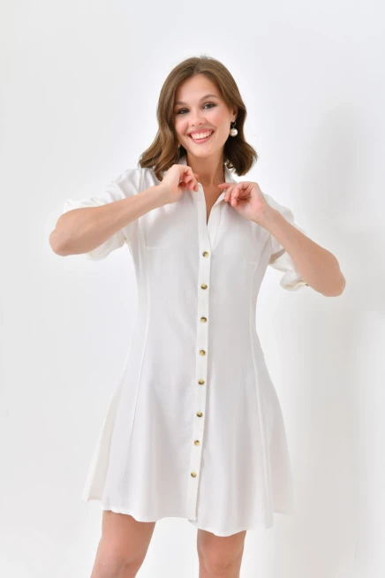 Womens Button Detail Three Quarter Sleeve Mini Dress