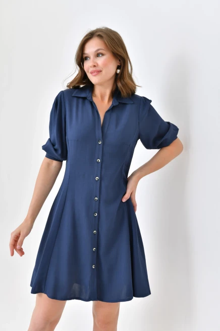 Womens Button Detail Three Quarter Sleeve Mini Dress