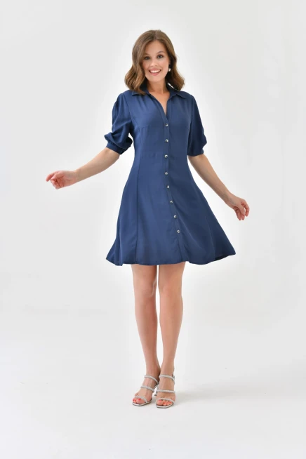 Womens Button Detail Three Quarter Sleeve Mini Dress