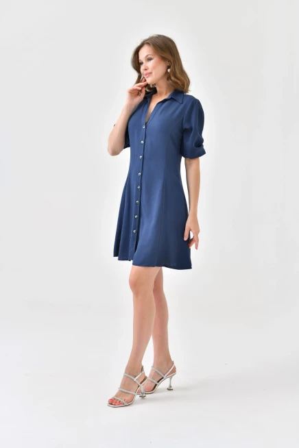 Womens Button Detail Three Quarter Sleeve Mini Dress