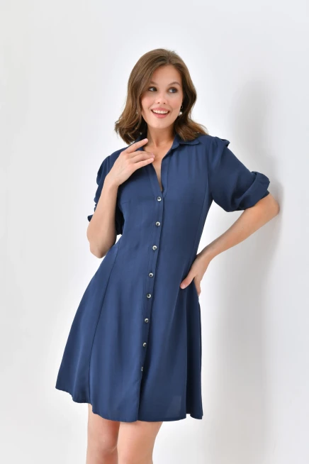 Womens Button Detail Three Quarter Sleeve Mini Dress