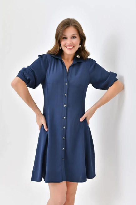 Womens Button Detail Three Quarter Sleeve Mini Dress