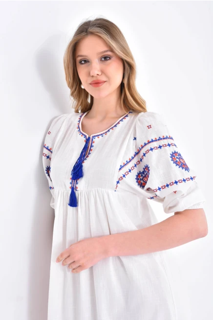 Kadın Ekru Nakışlı Etnik Desen Otantik Astarlı Elbisde