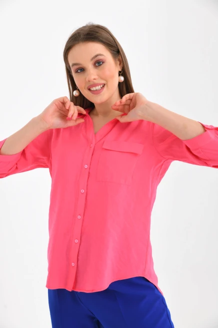 Kadın Fuşya %100 Pamuk Uzun Kollu Gömlek.