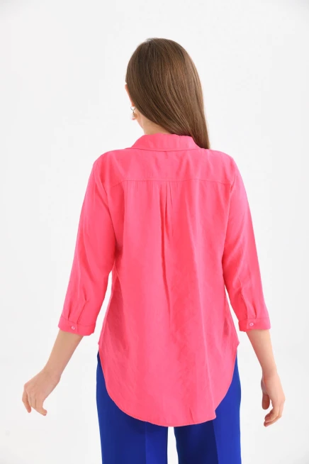 Kadın Fuşya %100 Pamuk Uzun Kollu Gömlek.