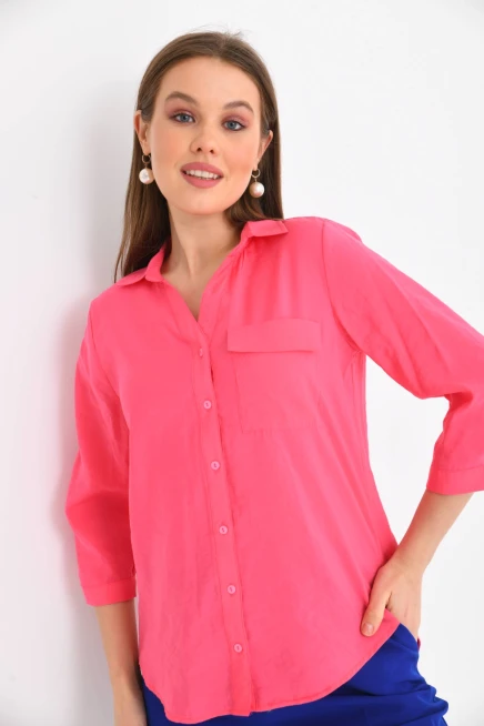 Kadın Fuşya %100 Pamuk Uzun Kollu Gömlek.