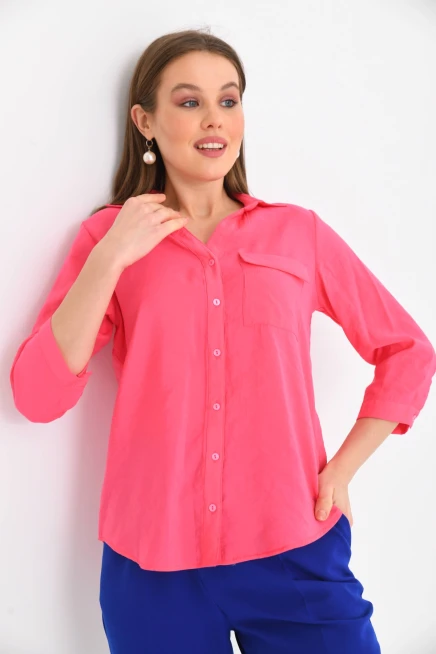 Kadın Fuşya %100 Pamuk Uzun Kollu Gömlek.