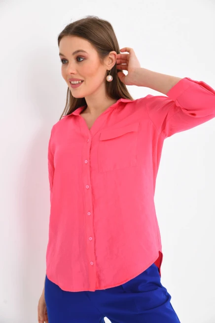 Kadın Fuşya %100 Pamuk Uzun Kollu Gömlek.