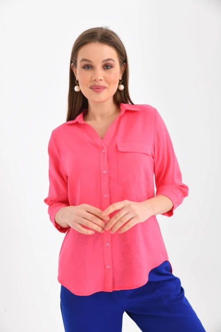 Kadın Fuşya %100 Pamuk Uzun Kollu Gömlek.