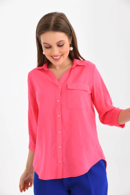 Kadın Fuşya %100 Pamuk Uzun Kollu Gömlek.