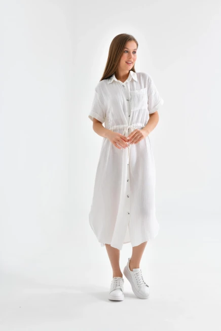 Kadın Gömlek Yaka Düğme Detay Bağcıklı Salaş Elbise