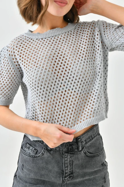 Kadın Gri Ajurlu Mevsimlik Triko Kazak