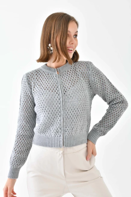 Bisiklet Yaka Fermuar Detaylı Delikli Triko Kazak