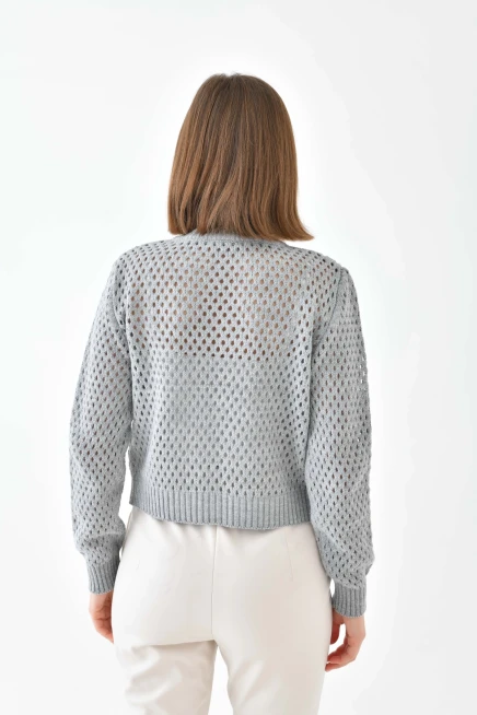 Bisiklet Yaka Fermuar Detaylı Delikli Triko Kazak