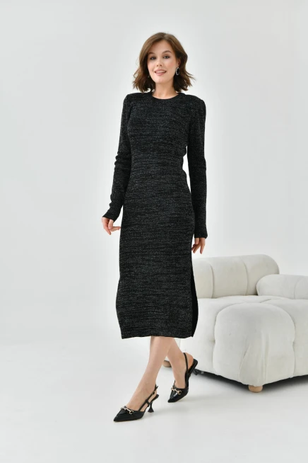 Kadın Gri Bisiklet Yaka Simli Triko Elbise