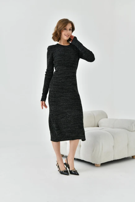 Kadın Gri Bisiklet Yaka Simli Triko Elbise