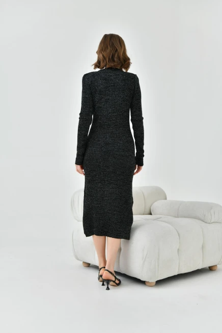 Kadın Gri Bisiklet Yaka Simli Triko Elbise