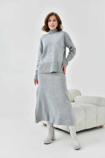 Kadın Gri Eteği Lastikli Triko Takım