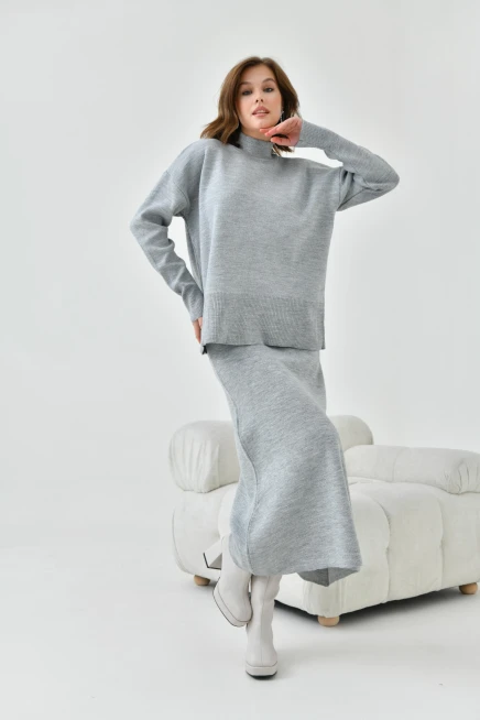 Kadın Gri Eteği Lastikli Triko Takım