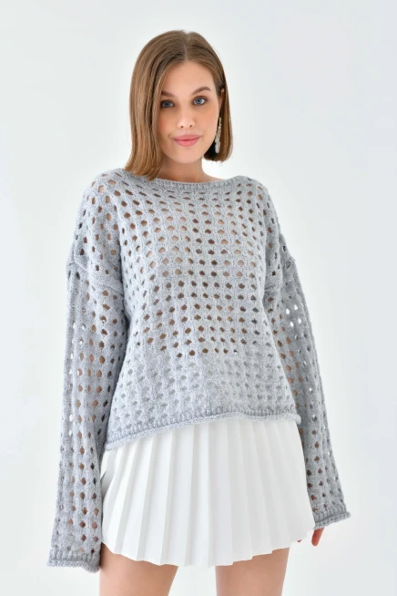 Simli Örgü Detaylı Oversize Bisiklet Yaka Triko Kazak