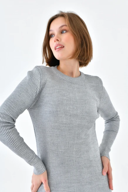 Slim Fit Bisiklet Yaka Varaklı Triko Elbise