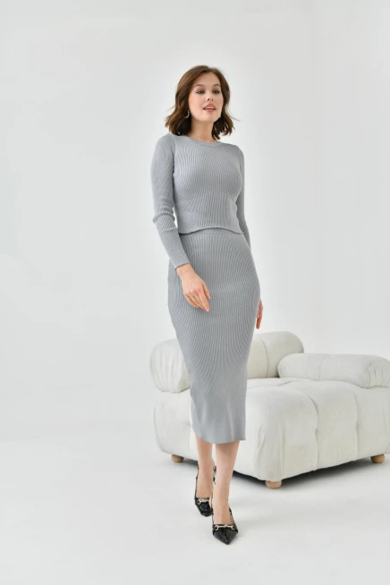 Kadın Gri Slim Fit Simli Triko Takım