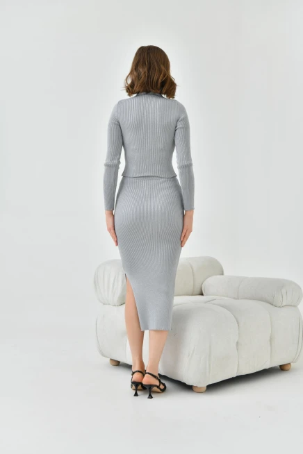 Kadın Gri Slim Fit Simli Triko Takım