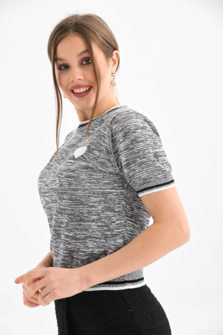 Gri-Turkuaz Kalp Desenli Kısa Kol Mevsimlik Kazak