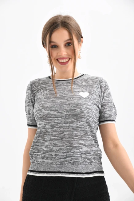 Gri-Turkuaz Kalp Desenli Kısa Kol Mevsimlik Kazak