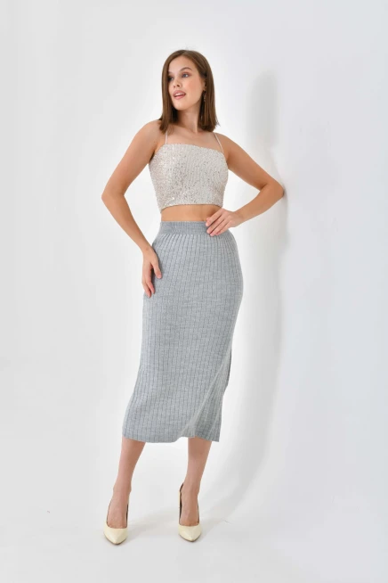 Uzun Yırtmaçlı Kalem Gri Etek