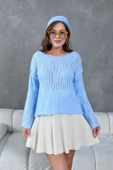 Kadın Kayık Yaka Dokulu Triko Kazak