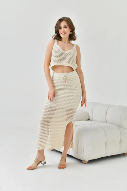 Kadın Kemik Ajur Örgü Askılı Crop Astarlı Etek Kadın Triko Alt-Üst Takım