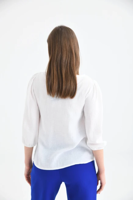 Kadın Kemik Bisiklet Yaka Balon Kol Nakışlı Aerobin Dokuma Bluz