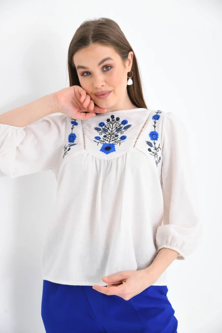 Kadın Kemik Bisiklet Yaka Balon Kol Nakışlı Aerobin Dokuma Bluz