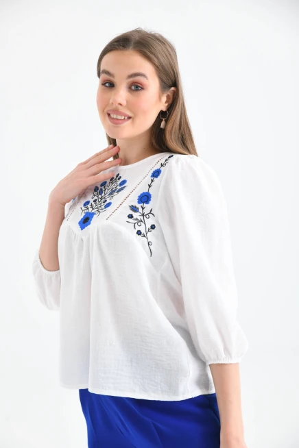 Kadın Kemik Bisiklet Yaka Balon Kol Nakışlı Aerobin Dokuma Bluz