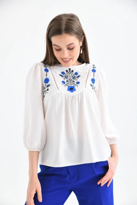 Kadın Kemik Bisiklet Yaka Balon Kol Nakışlı Aerobin Dokuma Bluz